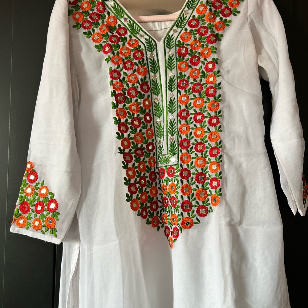 White Tunic with Colorful Floral Embroidery